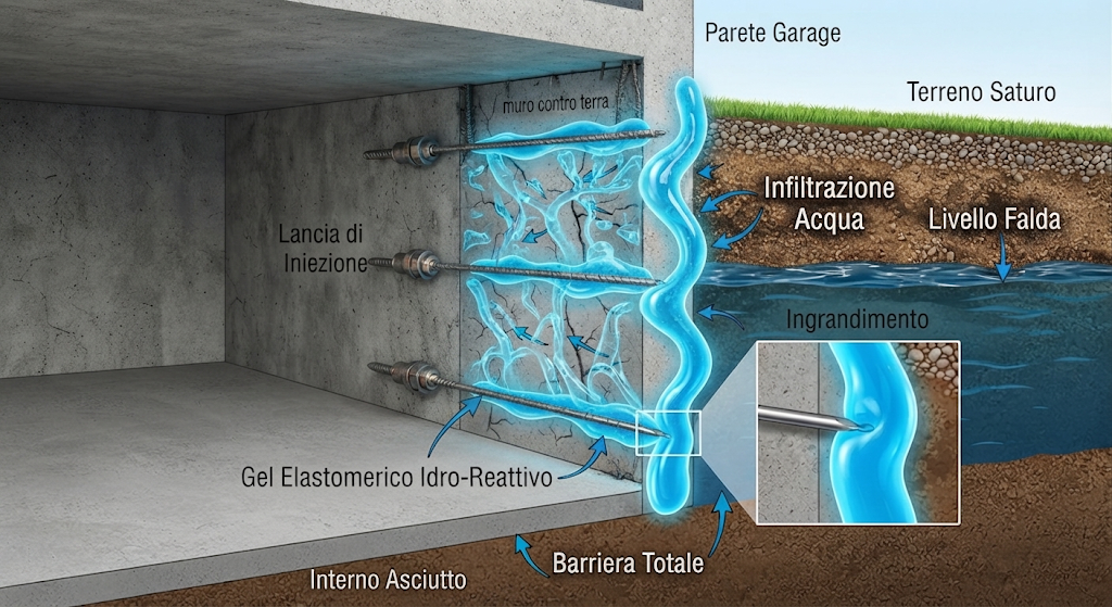 Schema tecnico di un'iniezione di resina eseguita dall'interno su un muro controterra